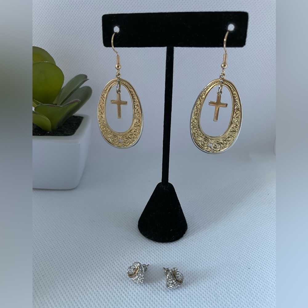 Gold tone cross dangling, Juicy Couture small silver tone heart earrings